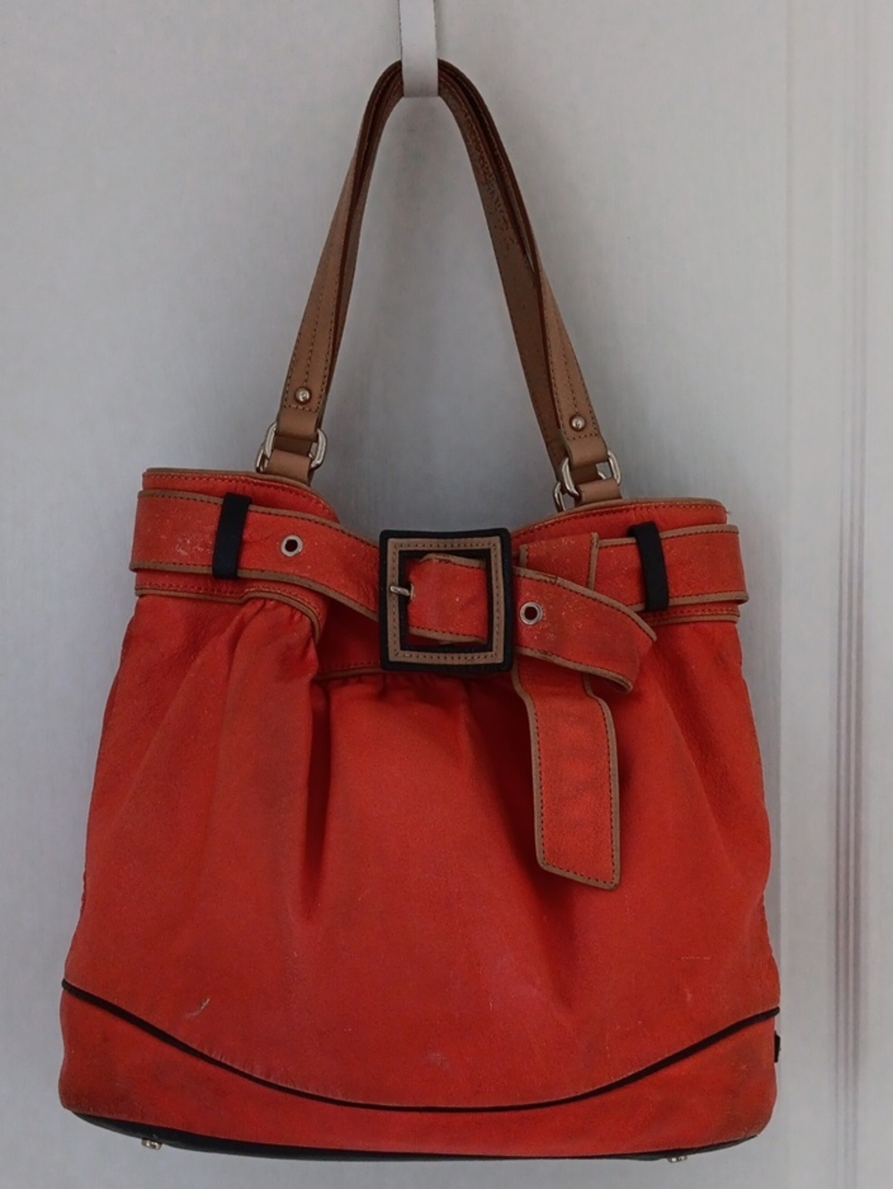 Kate Spade Orange Suede Bucket Tote with Belt Detail